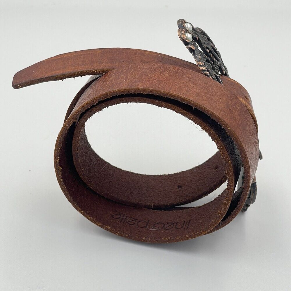 💥BOGO💥 LINEA PELLE Brown Leather Belt. 7/8" Western Antiqued Buckle Hand Made - Picture 5 of 8
